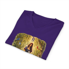 Forest Maiden V-Neck Tee — Woman with Dog & Nature Illustration
