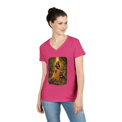 Fairy Tale Snow White & Dog V-Neck T-Shirt — Whimsical Princess Forest Graphic