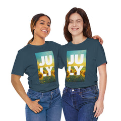 July Sunflower T‑Shirt – Summer Graphic Tee with 'JULY' Text