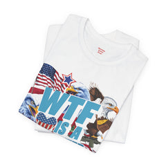 WTF Is A Kilometer? Patriotic Graphic Tee - Funny USA Eagle Burger Design