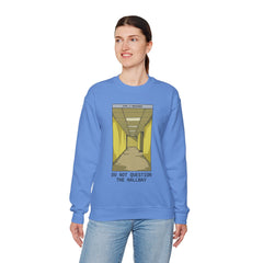 Crewneck Sweatshirt "Do Not Question the Hallway" – Retro Yellow Corridor Graphic