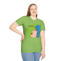 Pop Art Gal T-Shirt featuring Blue Hair and Red Lips Unisex Soft Style Shirt