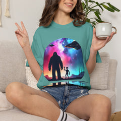 Bigfoot & Alien Nightscape T-Shirt — Sasquatch UFO Graphic Tee