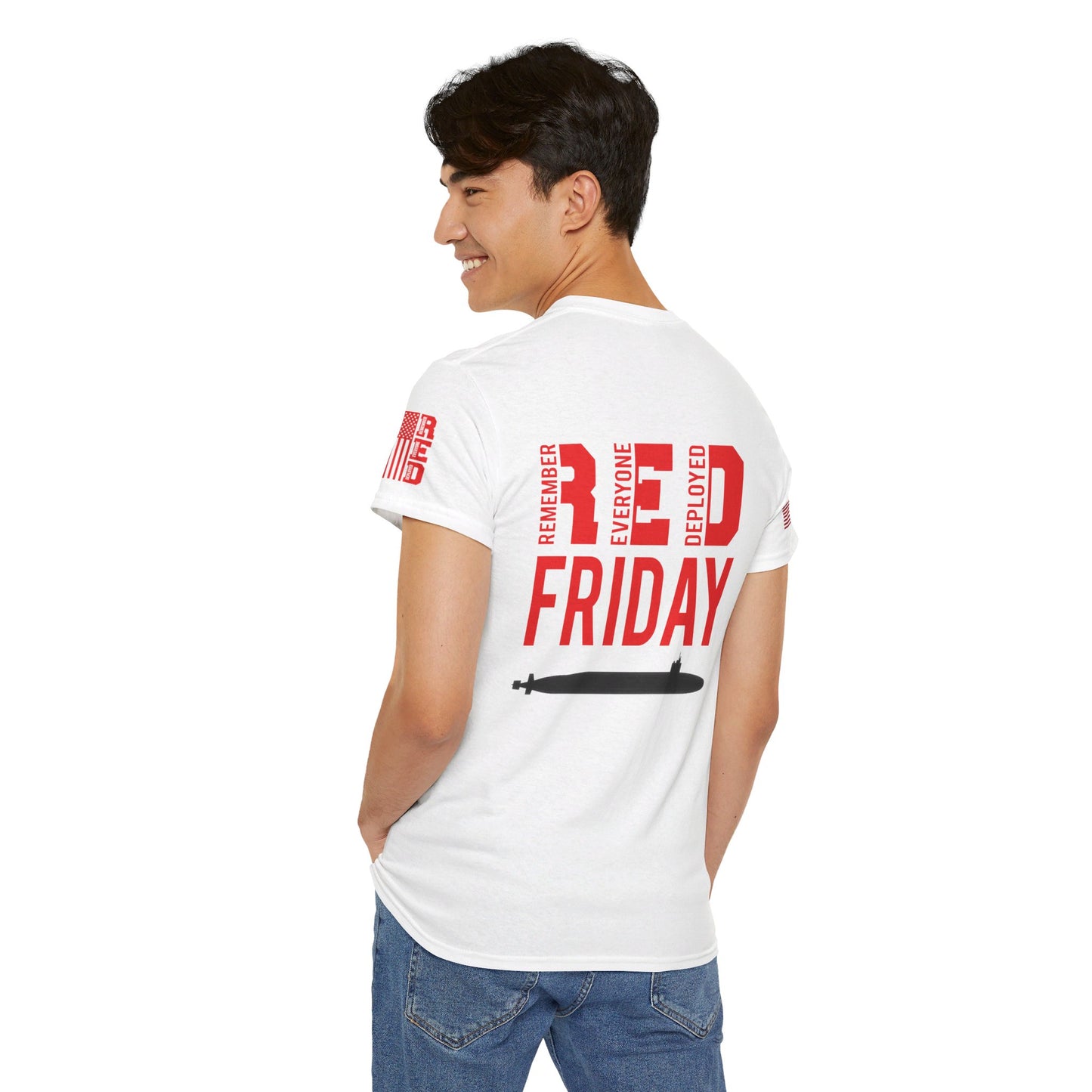 SUBMARINER RED Friday T Shirt with Fouled Anchor, American Flag, FBM / Boomer Silhouette. Remember Everyone Deployed, Dolphins