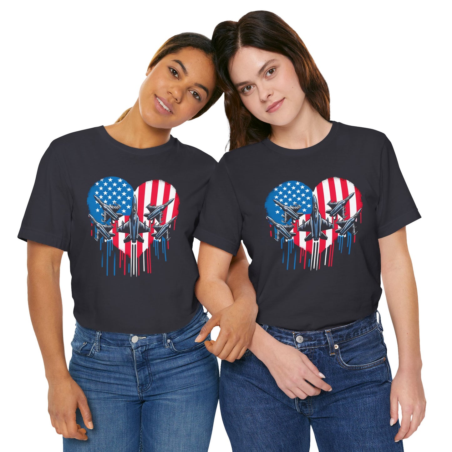 Red White and Blue Heart with Jets Graphic, Unisex Jersey Short Sleeve Tee