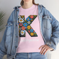 Kindergarten Floral Letter Tee, Kids Birthday Gift, Teacher Appreciation Shirt, Spring Celebration Tee, Unisex Cotton Tee