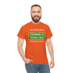 FUNNY T SHIRT  ALL YOUR LIFE IS CHANNEL 13 SESAME STREET WHAT DOES IT MEAN? MUSIC LYRICS. Unisex Heavy Cotton Tee