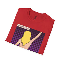 WILD AND FREE Pop Art Blonde Hair Girl with denim shorts and no top Unisex Softstyle T Shirt