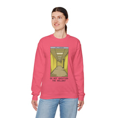 Crewneck Sweatshirt "Do Not Question the Hallway" – Retro Yellow Corridor Graphic