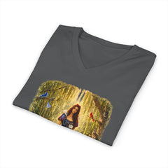 Forest Maiden V-Neck Tee — Woman with Dog & Nature Illustration