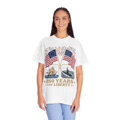 250 Years of Liberty T-Shirt — Patriotic American Flag & Historic Ship Design