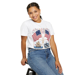 250 Years of Liberty T-Shirt — Patriotic American Flag & Historic Ship Design
