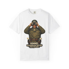 Graphic T-Shirt — Vintage WWII General George Patton Binoculars Design with "Rommel You Magnificent Bastard" Text
