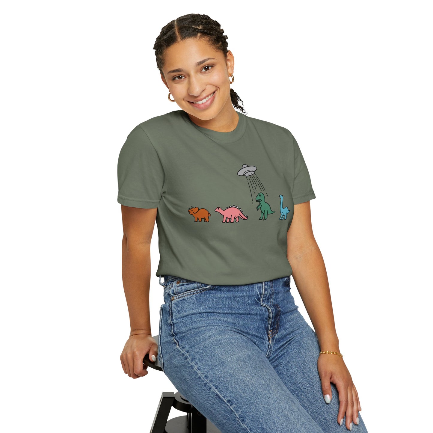 Dinosaur UFO Retro Unisex Garment-Dyed T-shirt