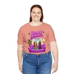 Personalized Treat Dealer T-Shirt — Funny Pet Lover Tee with Girl and Dog on Purple Couch