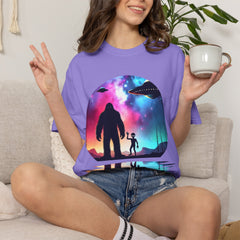 Bigfoot & Alien Nightscape T-Shirt — Sasquatch UFO Graphic Tee