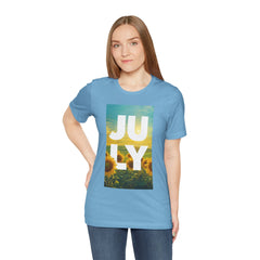 July Sunflower T‑Shirt – Summer Graphic Tee with 'JULY' Text