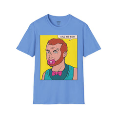 Call Me Baby Unisex Softstyle T-Shirt  Pop Art Bearded Guy with a pacifier and a bow tie