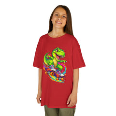 Kids Skateboarding T‑Rex Tee — Neon Dino Skateboard Shirt for Boys & Girls