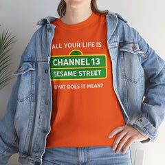 FUNNY T SHIRT  ALL YOUR LIFE IS CHANNEL 13 SESAME STREET WHAT DOES IT MEAN? MUSIC LYRICS. Unisex Heavy Cotton Tee