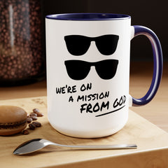 Funny Movie Quote Mug, We're On A Mission From God, Blues Brothers Movie, Cheap Sunglasses, Novelty Gift, 80s Movie Mug, Two Tone Mug 15 oz.