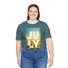 July Sunflower T‑Shirt – Summer Graphic Tee with 'JULY' Text