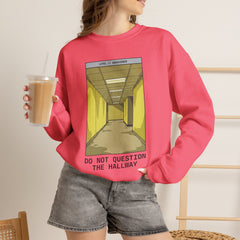 Crewneck Sweatshirt "Do Not Question the Hallway" – Retro Yellow Corridor Graphic