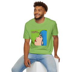 Pop Art Gal T-Shirt featuring Blue Hair and Red Lips Unisex Soft Style Shirt