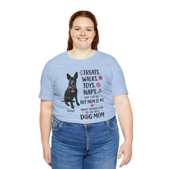 Personalized Your Dog and its name Mother's Day T-Shirt — 'Treats. Walks. Toys. Naps.
