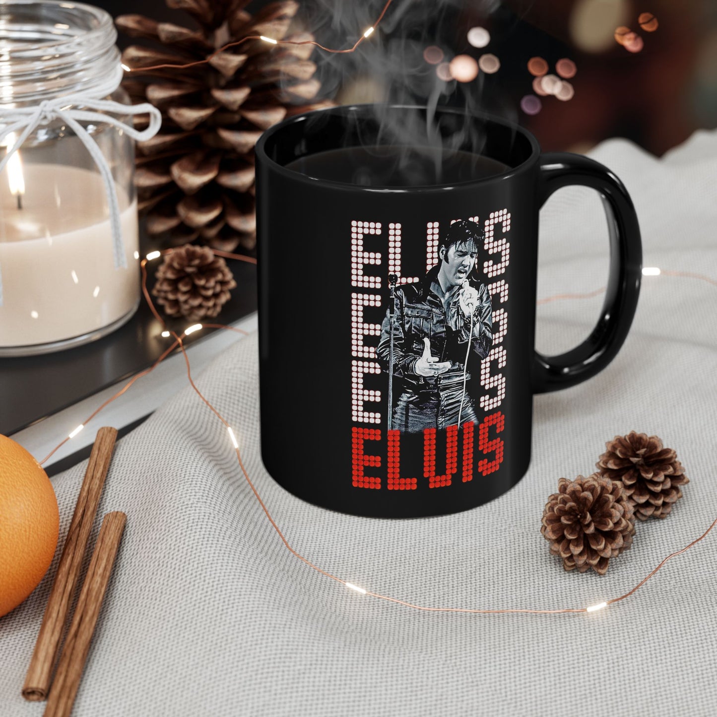 1970S Elvis In Black Leather On Stage Graphic - Black Mug (11oz, 15oz)