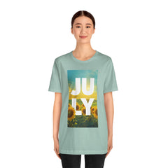 July Sunflower T‑Shirt – Summer Graphic Tee with 'JULY' Text