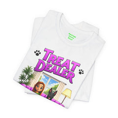 Personalized Treat Dealer T-Shirt — Funny Pet Lover Tee with Girl and Dog on Purple Couch