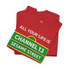 FUNNY T SHIRT  ALL YOUR LIFE IS CHANNEL 13 SESAME STREET WHAT DOES IT MEAN? MUSIC LYRICS. Unisex Heavy Cotton Tee