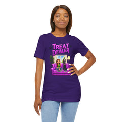 Personalized Treat Dealer T-Shirt — Funny Pet Lover Tee with Girl and Dog on Purple Couch