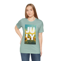 July Sunflower T‑Shirt – Summer Graphic Tee with 'JULY' Text