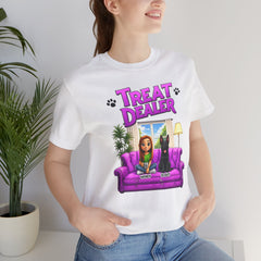 Personalized Treat Dealer T-Shirt — Funny Pet Lover Tee with Girl and Dog on Purple Couch