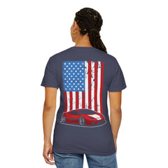 Patriotic Car Graphic Unisex T-Shirt - Vintage American Flag Design