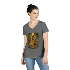 Fairy Tale Snow White & Dog V-Neck T-Shirt — Whimsical Princess Forest Graphic