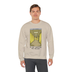 Crewneck Sweatshirt "Do Not Question the Hallway" – Retro Yellow Corridor Graphic