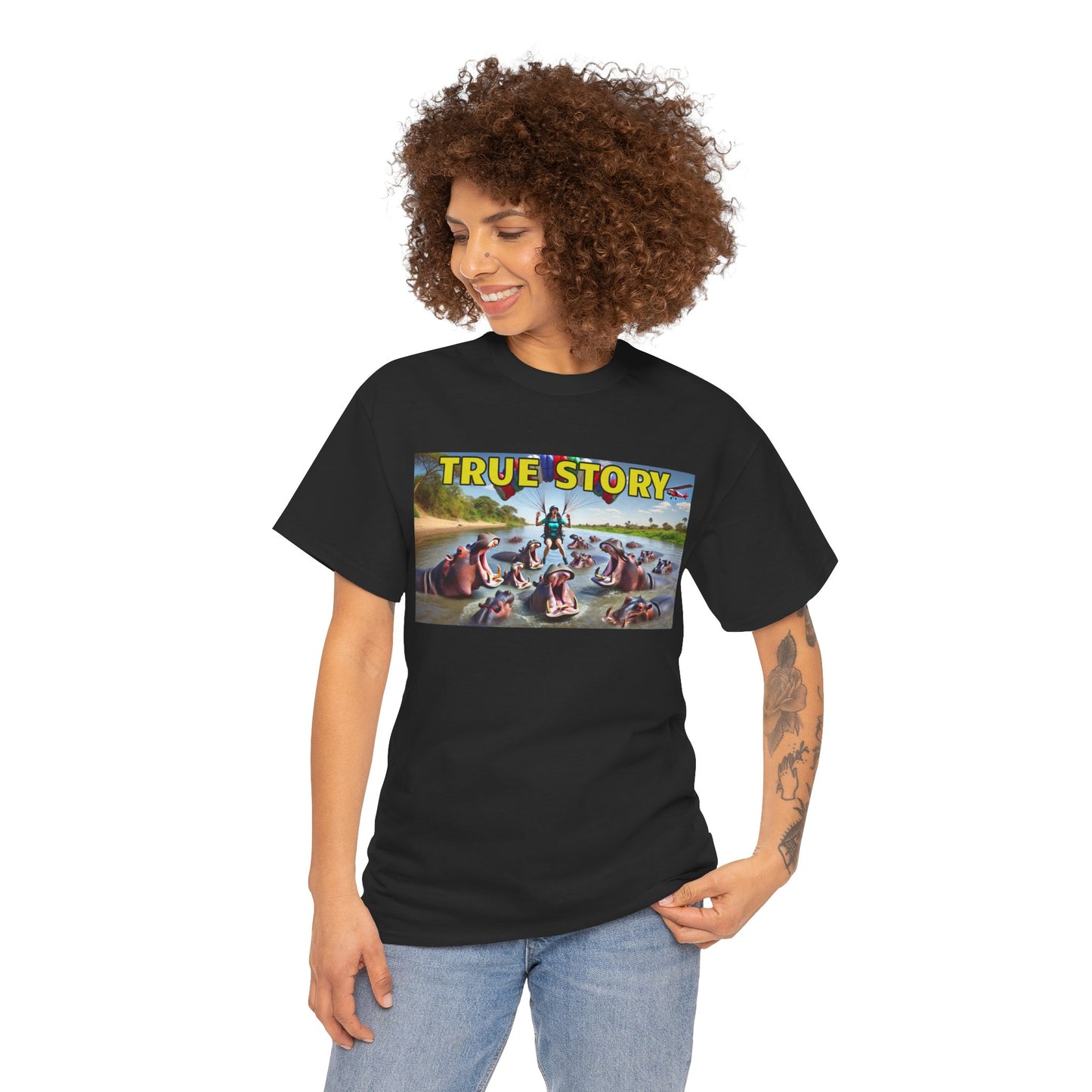 Amputee Humor True Story Female Paragliding into Hungry Hippos - Unisex Heavy Cotton Tee