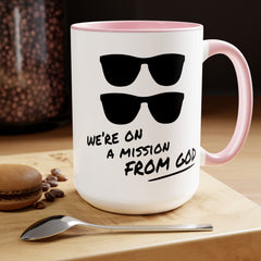 Funny Movie Quote Mug, We're On A Mission From God, Blues Brothers Movie, Cheap Sunglasses, Novelty Gift, 80s Movie Mug, Two Tone Mug 15 oz.