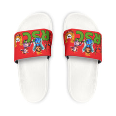 Russell Sage College Mascot Characters Graphic Women's Summer Slide Sandals -  Purple Cow, Red Devil, Golden Horseshoe, Blue Angel