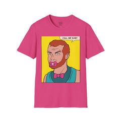 Call Me Baby Unisex Softstyle T-Shirt  Pop Art Bearded Guy with a pacifier and a bow tie