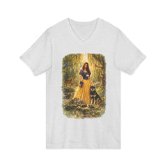 Forest Maiden V-Neck Tee — Woman with Dog & Nature Illustration