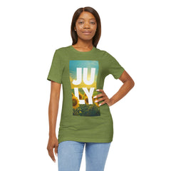July Sunflower T‑Shirt – Summer Graphic Tee with 'JULY' Text