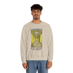 Crewneck Sweatshirt "Do Not Question the Hallway" – Retro Yellow Corridor Graphic