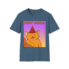 PARTY ANIMAL Birthday Hat Wearing  Pop Art Cat Unisex Softstyle T Shirt