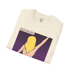 WILD AND FREE Pop Art Blonde Hair Girl with denim shorts and no top Unisex Softstyle T Shirt