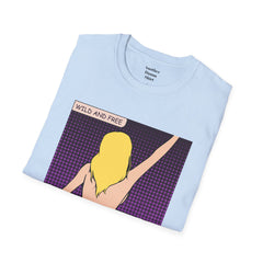 WILD AND FREE Pop Art Blonde Hair Girl with denim shorts and no top Unisex Softstyle T Shirt