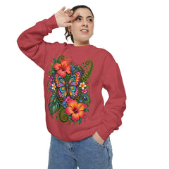 Floral Butterfly Sweatshirt — Tropical Hibiscus Garden Crewneck